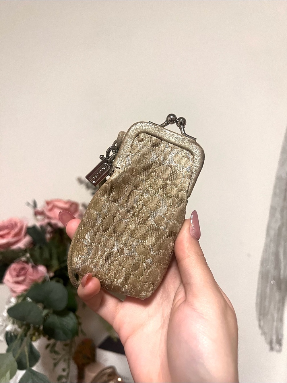 Coach Metallic Tan Signature Jacquard Kiss-Lock Pouch
